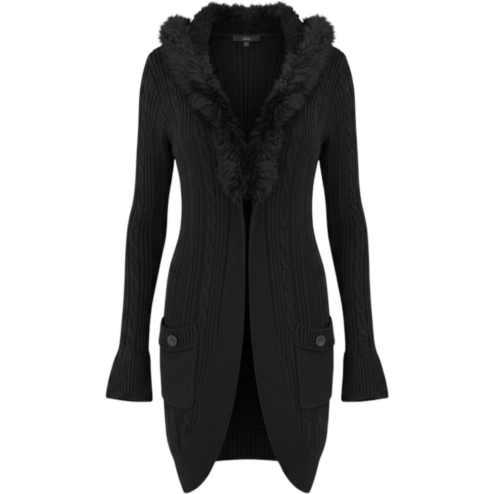 Sloni Cardigan Long Sweater Womens XL Black Faux Fur Trim Ruffle Gothic Boho
